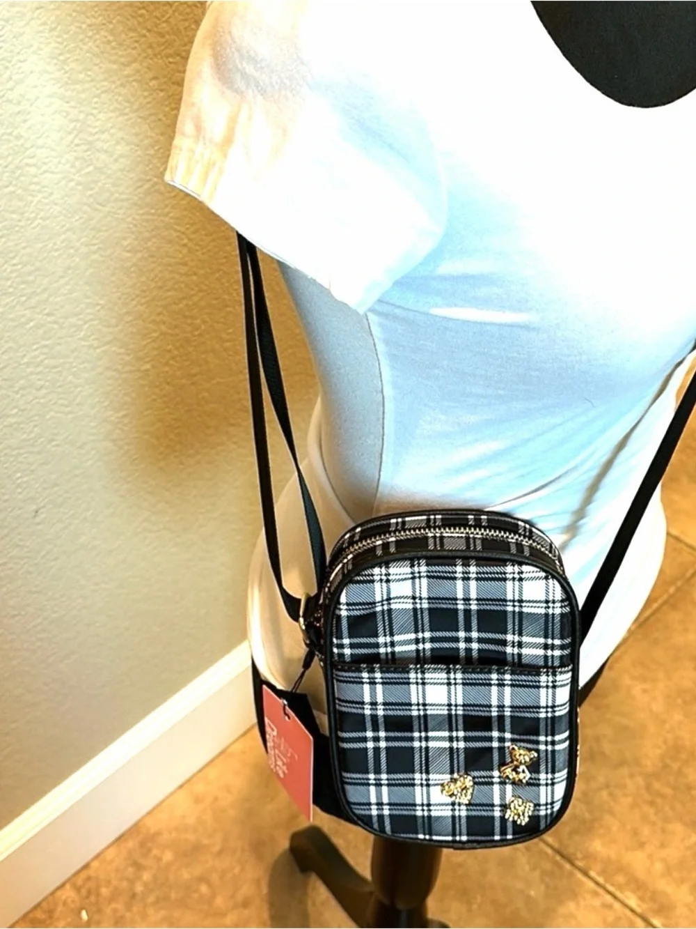 Plaid Black Crossbody Bag with Gold Accents New